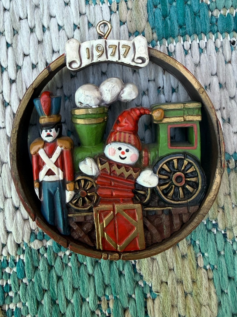 Vintage 1977 Hallmark "Nostalgia Toys" double sided Christmas ornament.